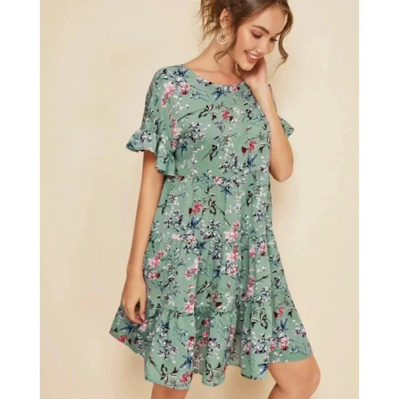 SHEIN Keyhole Back Flounce Sleeve Floral Smock Dress - Picture 2 of 8